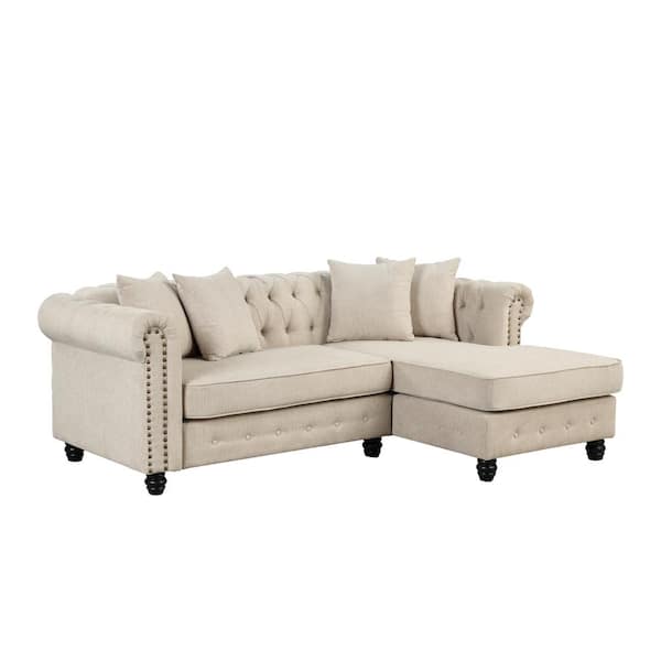 Morden Fort 85in. W Chesterfield Roll Arm 1-Piece L Shaped Linen Sectional Sofa in. Beige