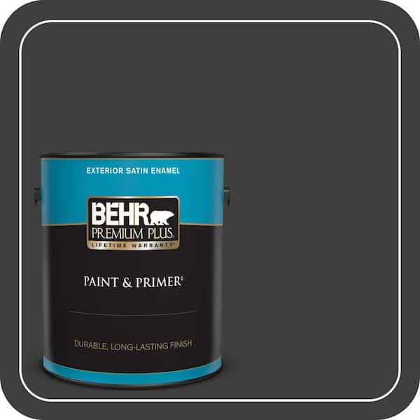 BEHR PREMIUM PLUS 1 gal. Black Satin Enamel Exterior Paint & Primer