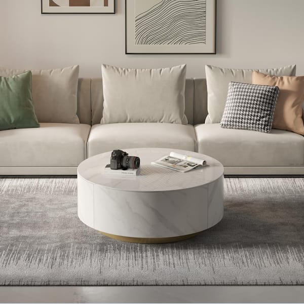 J&E Home 33.47 in. White Round Marble Top Coffee Table with Drawers