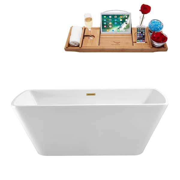 Streamline 67 in. Acrylic Flatbottom Non-Whirlpool Bathtub in Glossy White with Brushed Gold Drain and Overflow Cover