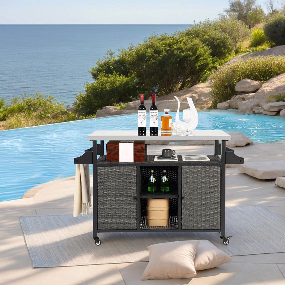 Wicker Outdoor Bar Serving Cart, Kitchen Cart and Storage Cabinet, Stainles