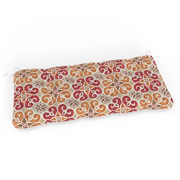 Pillow Perfect Medallion 44 in W x 3 in H Rectangular Outdoor Tufted Blown Bench Cushion with Ties 1-Count in Marbella Tuscan Brown