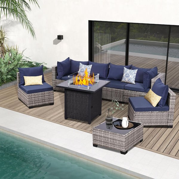 8-Piece Dove-Gray Wicker Outdoor Patio Furniture Set with Fire Pit Table, Coffee Table and Deep-Blue Cushions