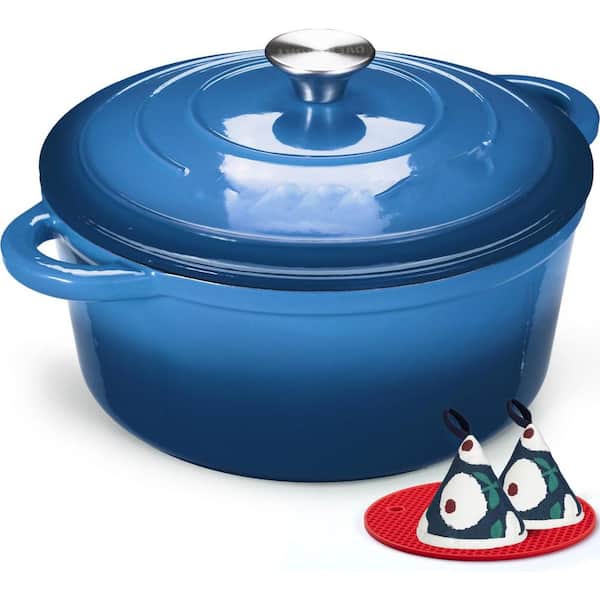 7-Piece Blue Enameled Cast Iron Dutch Oven Set with Lid Cookbook and Cotton Potholders for All Cooktops