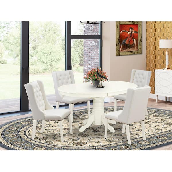 East West Furniture 5-Piece Linen White Finish Solid Wood Top Dining table with 4 Chairs with Lattice Back
