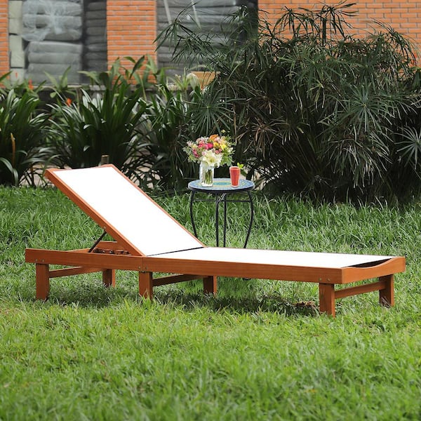 Natural Adjustable Height Eucalyptus Wood Outdoor Lounge Chair Chaise Recliner with White Cushion