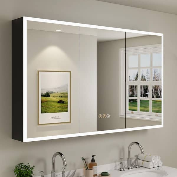 HBEZON Cloris 60 in. W x 32 in. H Rectangular Aluminum Black Medicine Cabinet with Mirror and Light