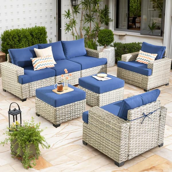 XIZZI Taylor 7-Piece Wicker Outdoor Patio Conversation Seating Set with Navy Blue Cushions