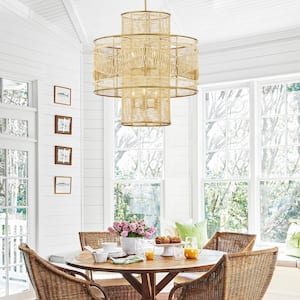 6-Light Painted Gold Oversize 2-Tiered Chandelier Light with Rattan Shade