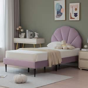 Purple Frame Twin Size of Luxury Velvet Platform Bed with Seashell-Shaped Headboard