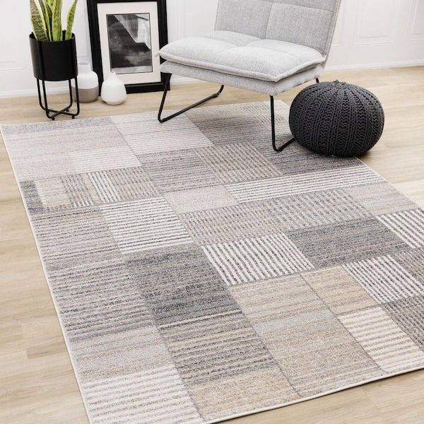 Velora Collections 8 ft. x 11 ft. Grey Distressed, Geometric, Stripes Indoor Area Rug