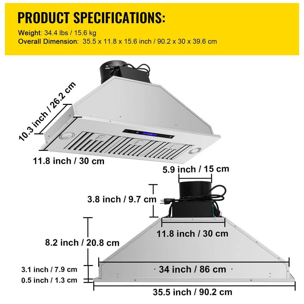VEVOR 36" Stainless Steel Convertible Insert Range Hood with Charcoal Filter