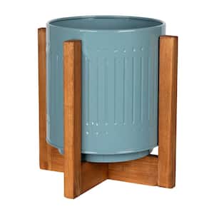 Blue Metal and Wood Planter