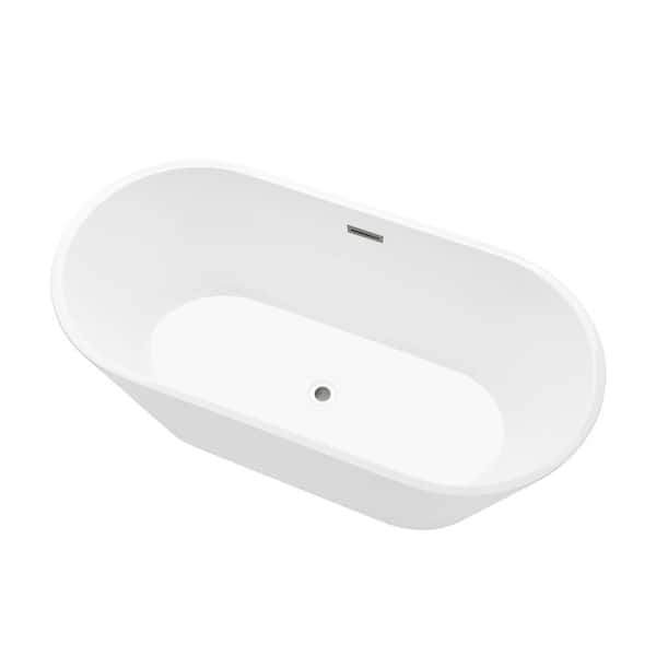 Vanity Art Domme 54 in. Acrylic Flatbottom Freestanding Non-Slip Bathtub in White/Brushed Nickel