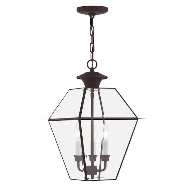 AVIANCE LIGHTING Ainsworth 18.5 in. 3-Light Bronze Dimmble Outdoor Pendant Light with Clear Beveled Glass and No Bulbs Included