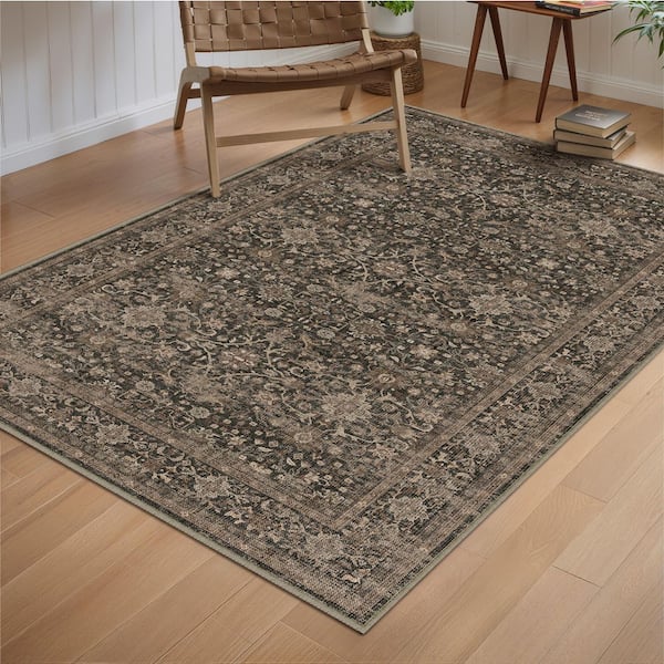 Qom Brown 3 ft. x 5 ft. Distressed Vintage Floral Washable Area Rug