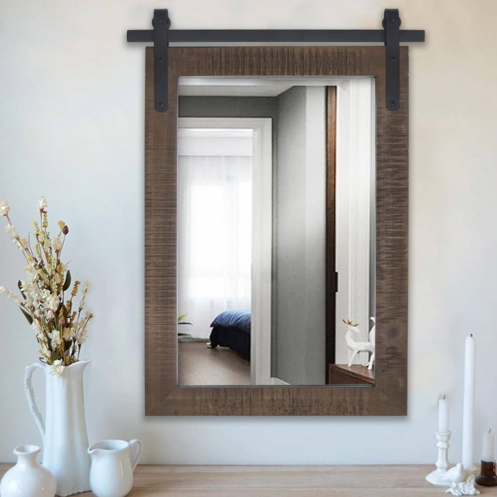 22 in. W x 30 in. H Medium Rectangle Mirror Wood Framed Wall Mirror Bathroom Mirror Vanity Mirror in Warm Brown