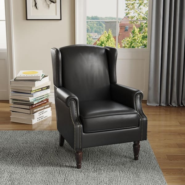 ブラックレザー タフテッドチェア Uixe Black PU Leather Nailhead Trim Upholstered High Back Accent