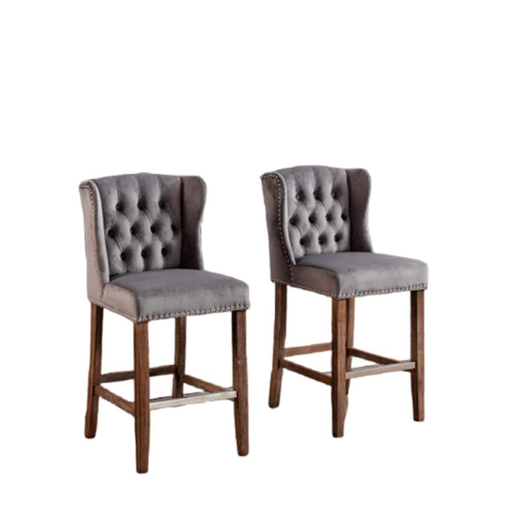27 in. Gray Wingback Upholstered Barstools with Nailhead-Trim and Tufted Ba