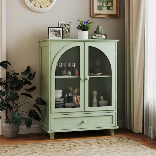 27.95 in. W Green Arched Glass Door Engineered Wood Sideboard with Drawer, Buffet Pantry for Kitchen Living Room