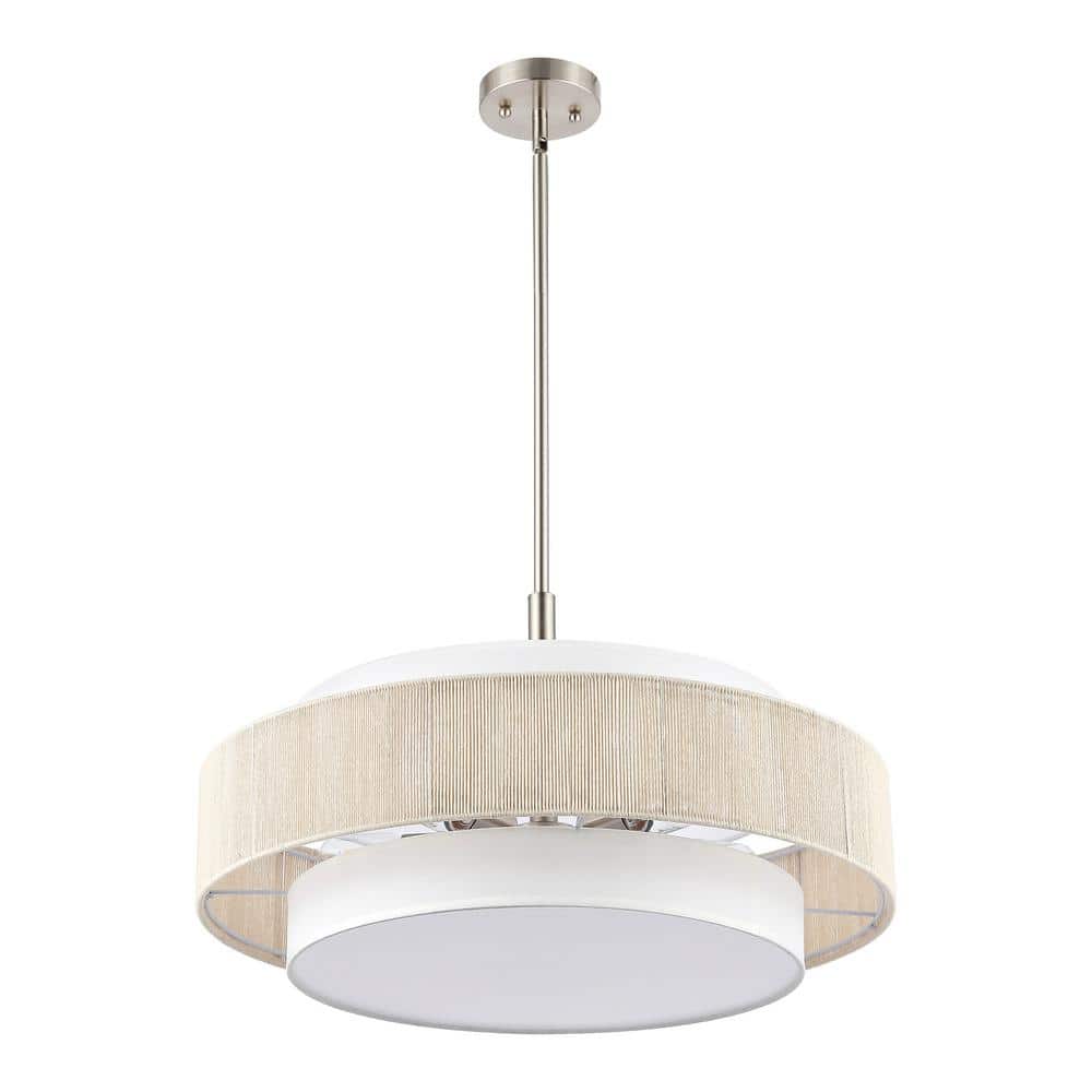 52" Brushed Nickel Double Drum Chandelier with Beige Rope Shade