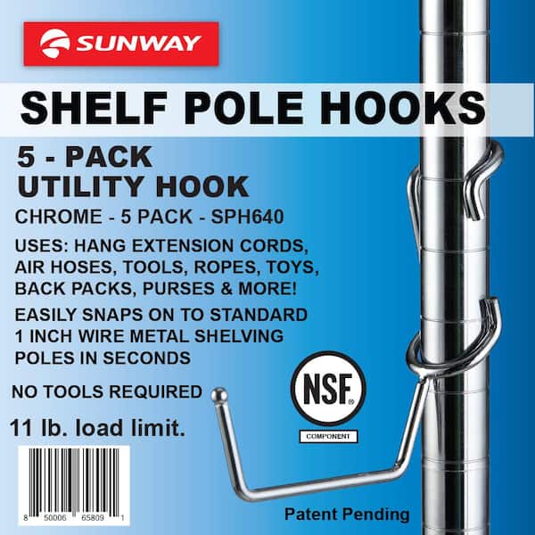 ChromeHook for Metal Storage Shelves Shelf Pole Hooks 5-Pack Utility Hook 
