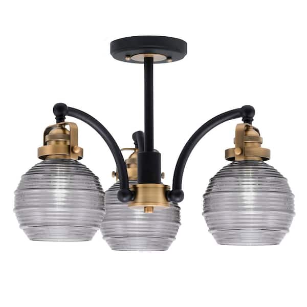 Unbranded Decatur 16.25 in. 3-Light Black and Brass Semi-Flush with 6 in. Smoke Ribbed Glass Shade No Bulbs Included