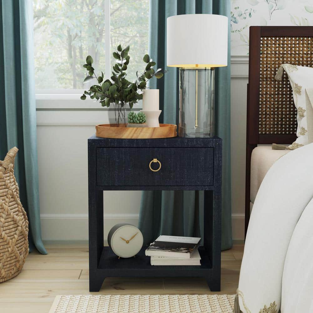 Navy Blue Raffia 1-Drawer Nightstand with Brass Pull