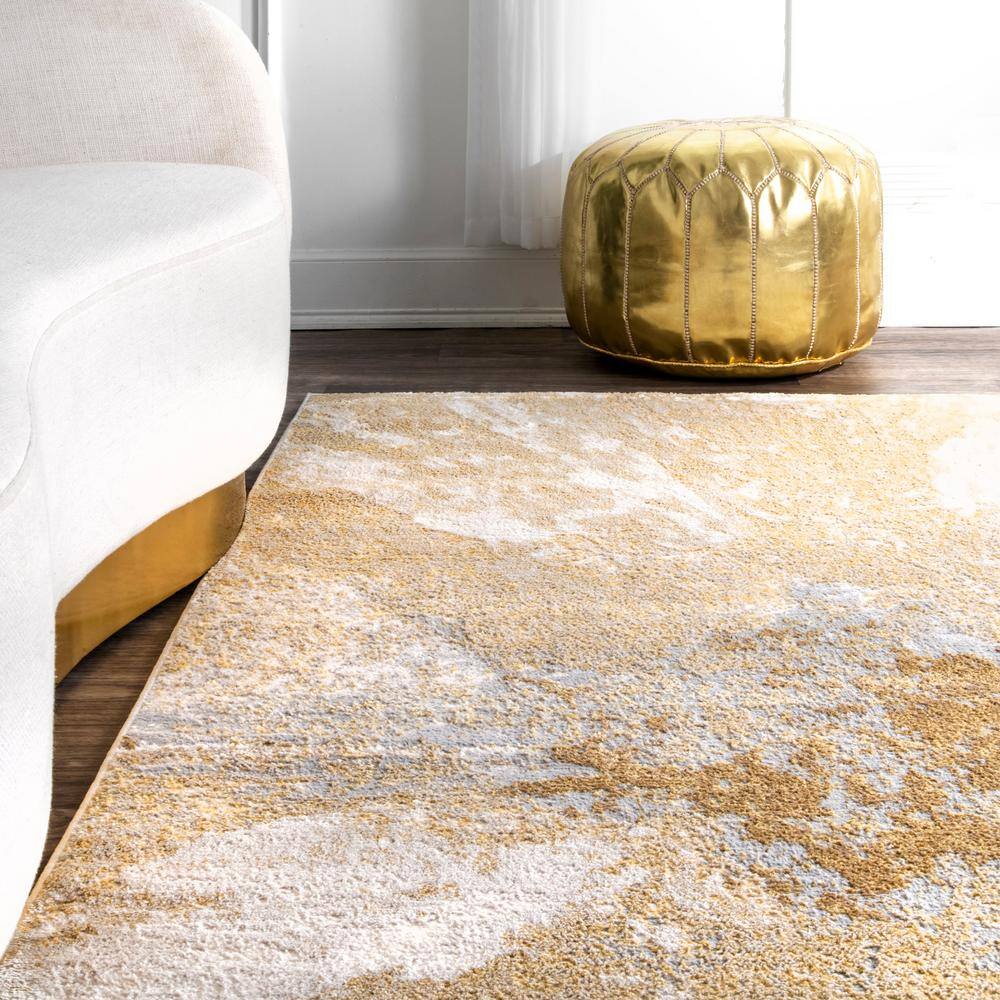 Gold and White Abstract Rectangular Area Rug