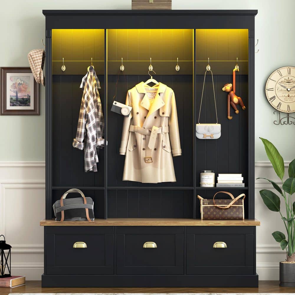 Seafuloy Black MDF Hall Tree Coat Rack with LED Lights, 9-Hooks, 3