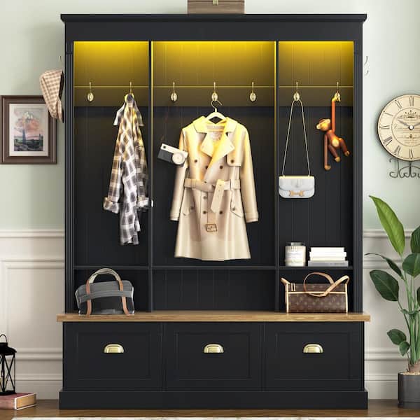 Seafuloy Black MDF Hall Tree Coat Rack with LED Lights, 9-Hooks, 3