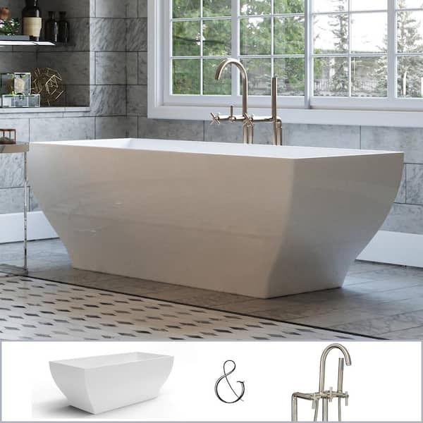 PELHAM & WHITE Manchester 63 in. Acrylic Angled Rectangle Freestanding Bathtub in White, Floor-Mount Faucet in Brushed Nickel