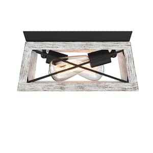 12 in. W 2-Light Flush Mount with Matte Black Finish and Oak Accents