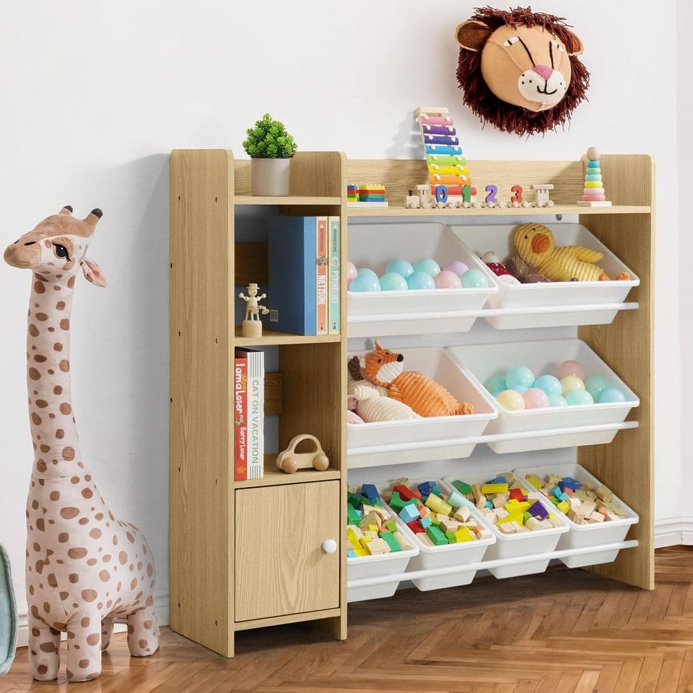 Clear Natural Oak Wood Kids Storage Cabinet with 8 White Plastic Bins