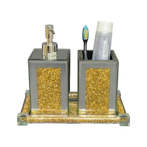 Countertop Square Soap Dispenser and Toothbrush Holder with Tray with Elegant Design 3-Piece in Gold
