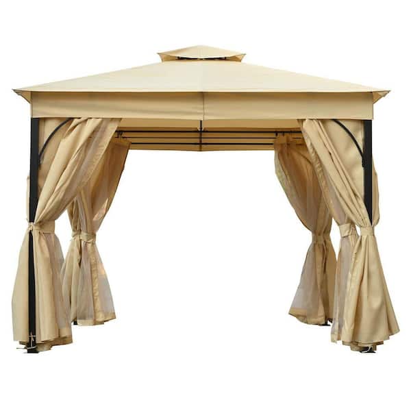 10 ft. x 10 ft. Beige Outdoor Gazebo Tent with Double Roofsand Mosquito Netting Privacy Screens for Backyard