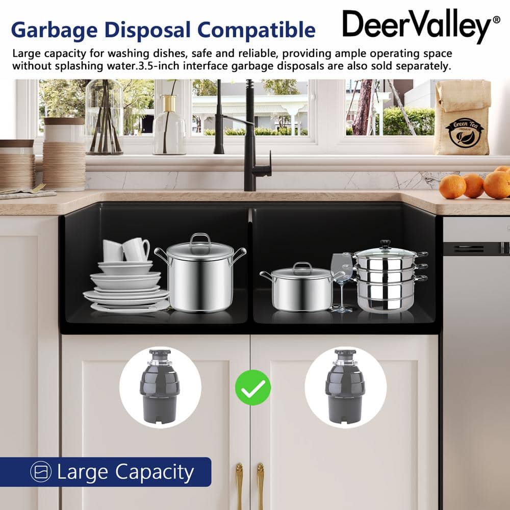 33" Black Fireclay Double Bowl Farmhouse Kitchen Sink with Accessories
