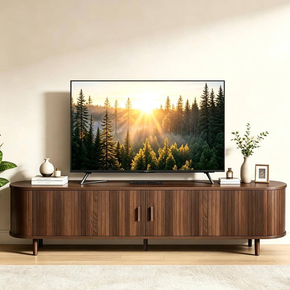65" TV Stand,Wood TV Consoles with Sliding Doors ,Power Outlet and Adjustable Shelves,Walnut