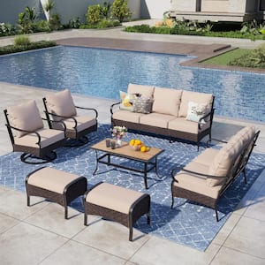 Black 7-Piece Rattan Steel 9 Seat Outdoor Patio Conversation Set with Beige Cushions, 2 Ottomans, 2 Swivel Chairs