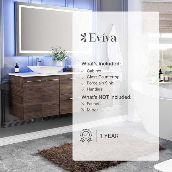 Eviva Lux 60 in. W x 21 in. D x 26 in. H Floating Bath Vanity in Gray Oak with White Tempered Glass Top