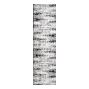 Zielle Soft Shag Painterly Watercolor Gray 2 ft. x 8 ft. Abstract Polypropylene Runner Area Rug