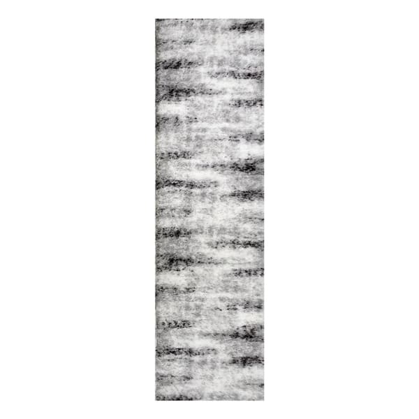 Leick Home Zielle Soft Shag Painterly Watercolor Gray 2 ft. x 8 ft. Abstract Polypropylene Runner Area Rug