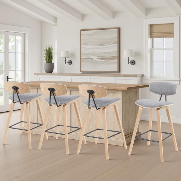 Fox 38 in. H Grey / Oak Curved Back Wood Bar Stool with Polyester Fabric Seat Set of 4