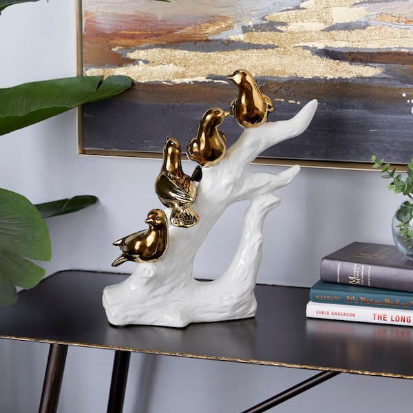 Litton Lane 5 in. x 14 in. 14 in. x 12 in. Gold Porcelain Glam Birds Sculpture