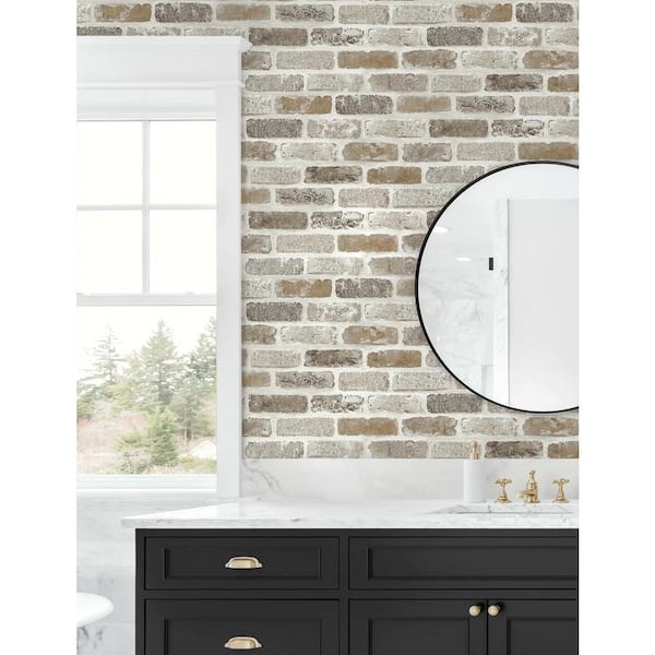 30.75 sq. ft. Tanned Leather and Pewter Washed Faux Brick Vinyl Peel and Stick Wallpaper Roll