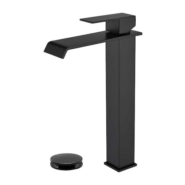 Arc Waterfall Single Handle Single Hole Bathroom Faucet with Drain Kit Included in Black