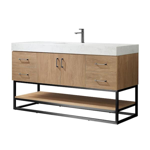 Alistair 60B in. W x 22 in. D x 33.9 in. H Single Sink Bath Vanity in North American Oak with White Grain Stone Top