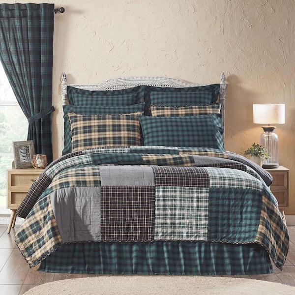 VHC BRANDS Pine Grove Green Black Tan Rustic Plaid Luxury King Cotton Quilt