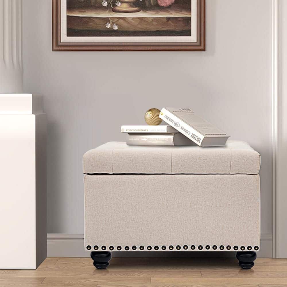 Beige Linen Tufted Storage Ottoman Bench with Wood Legs