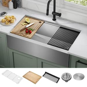 Kore Workstation Farmhouse Apron-Front Stainless Steel 36 in. Single Bowl Kitchen Sink with Accessories